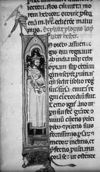 Miniatura della lettera i della Bibbia Santa Caterina, raffigurante Re Assuero